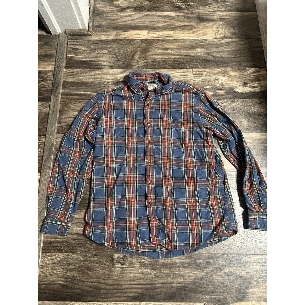 Vintage LL Bean Flannel Plaid Shirt Large Blue Red Traditional 228061 Fit 649
